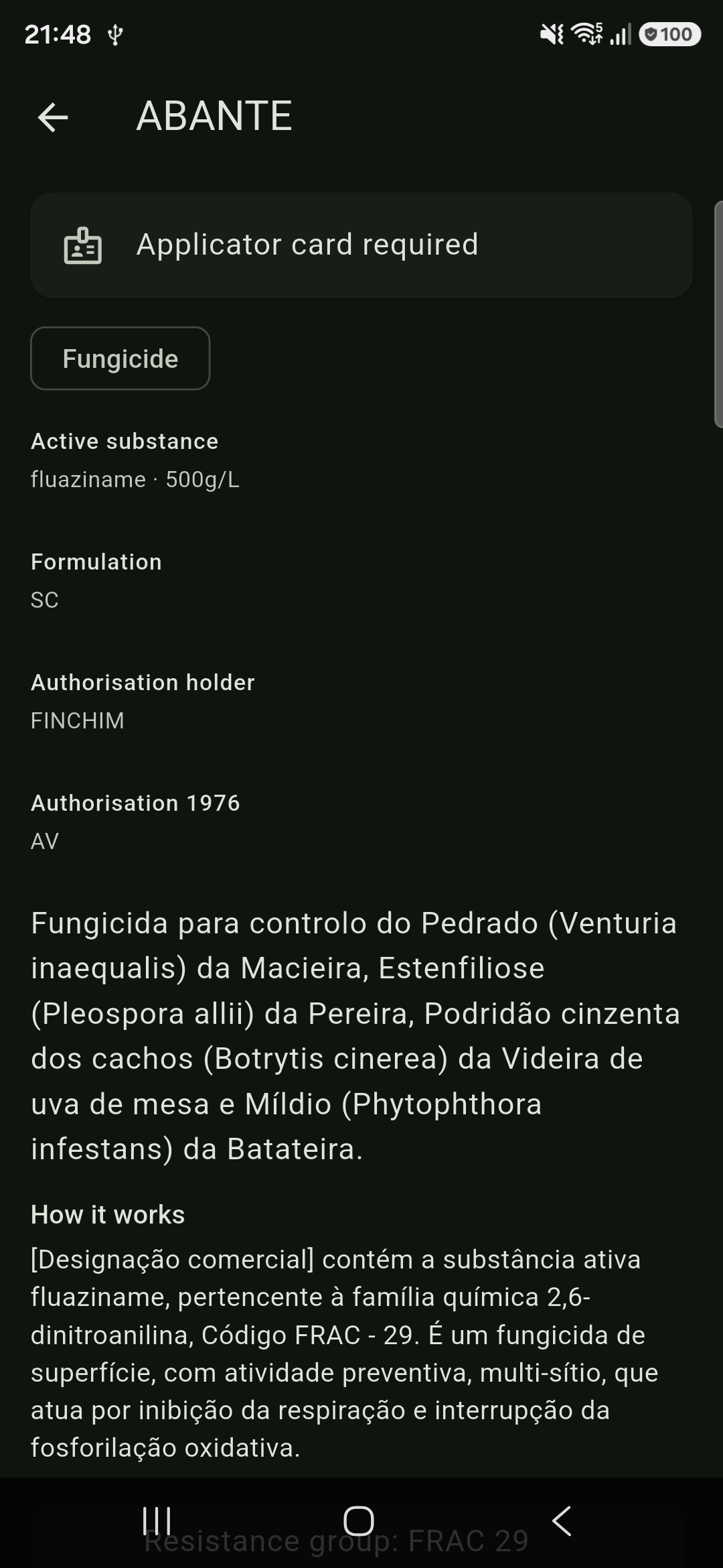 A product page with its active substance, resistance group, and whether an applicator card is required