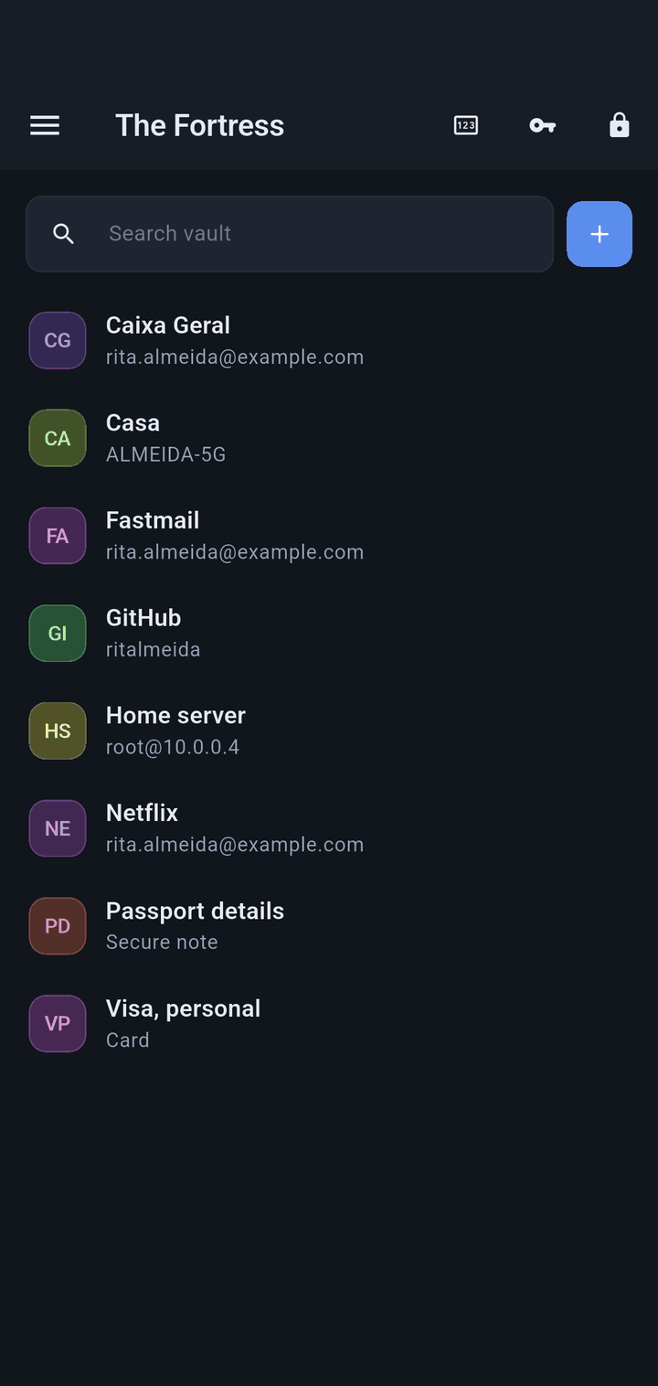 The vault list, with logins, a card, a Wi-Fi network and a note
