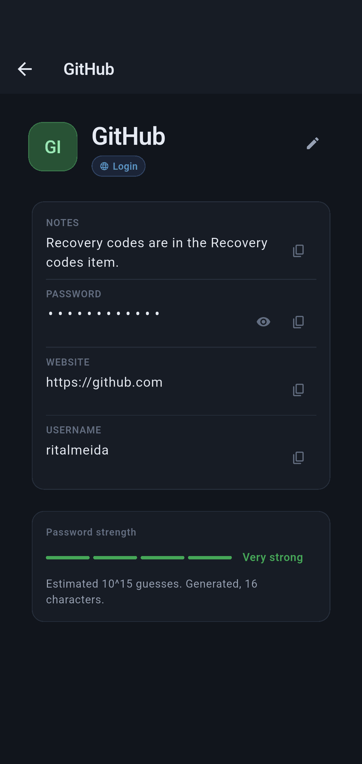 A login entry with the password still masked, and a strength estimate