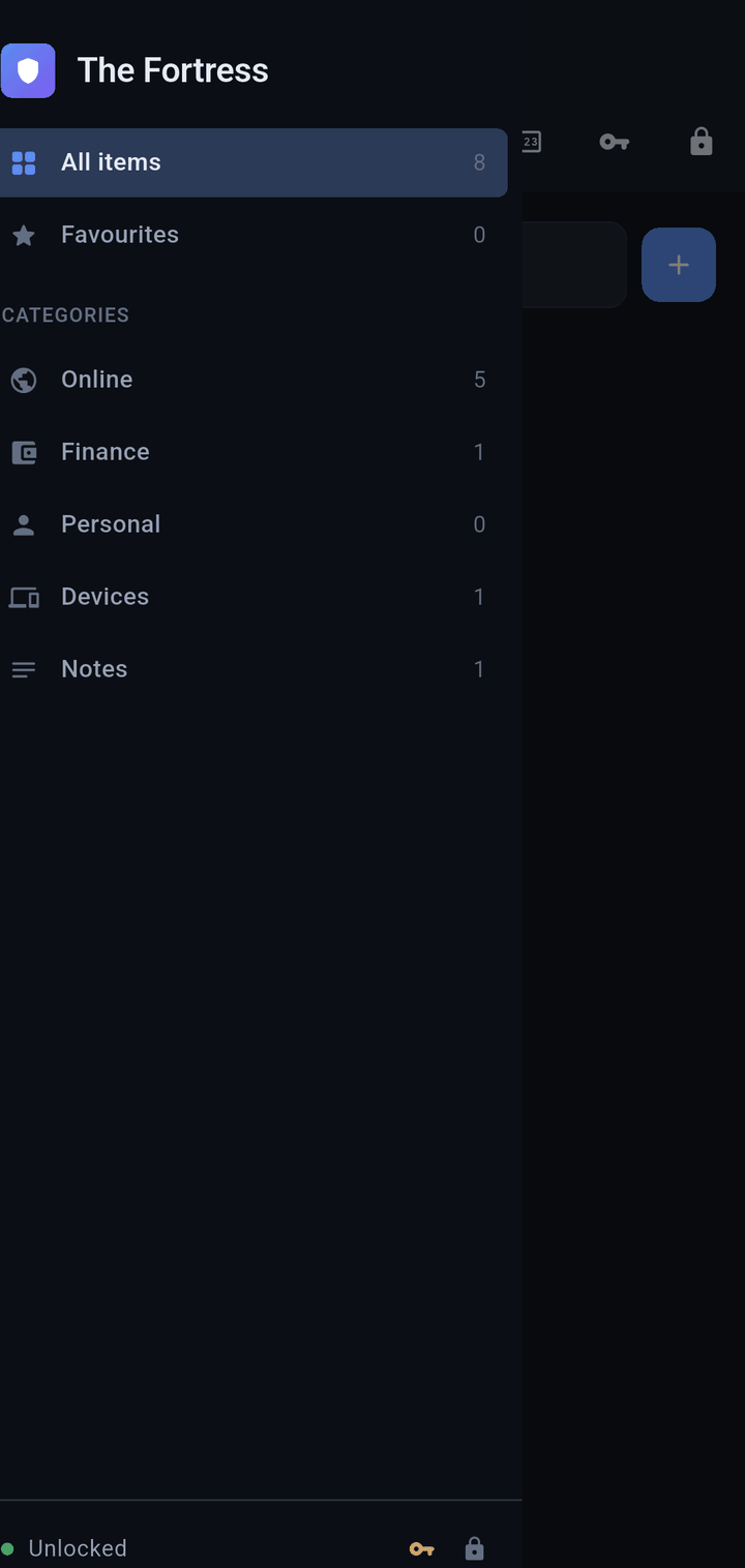 The category list, showing how many items are in each